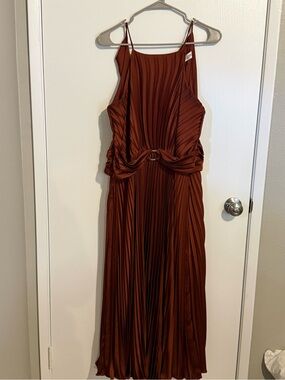Taylor Rust Brown Pleated Maxi Dress with Cinched Ring Detail
